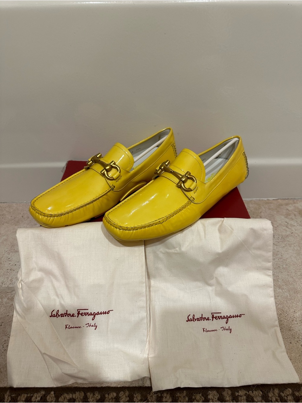 Salvatore Ferragamo Parigi Yellow Custom Patent Leather Driving Loafers 10.5D